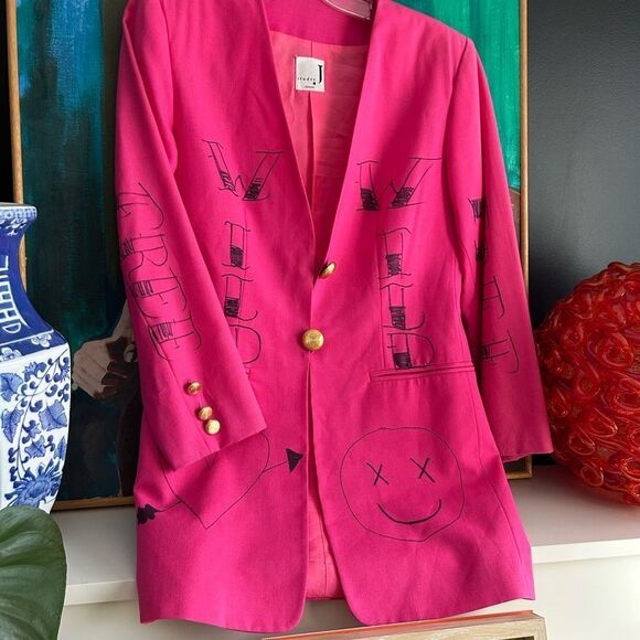 Studio J Cool Wool Pink Reworked Hand Drawn Blazer Vtg 90s - Picture 12 of 16